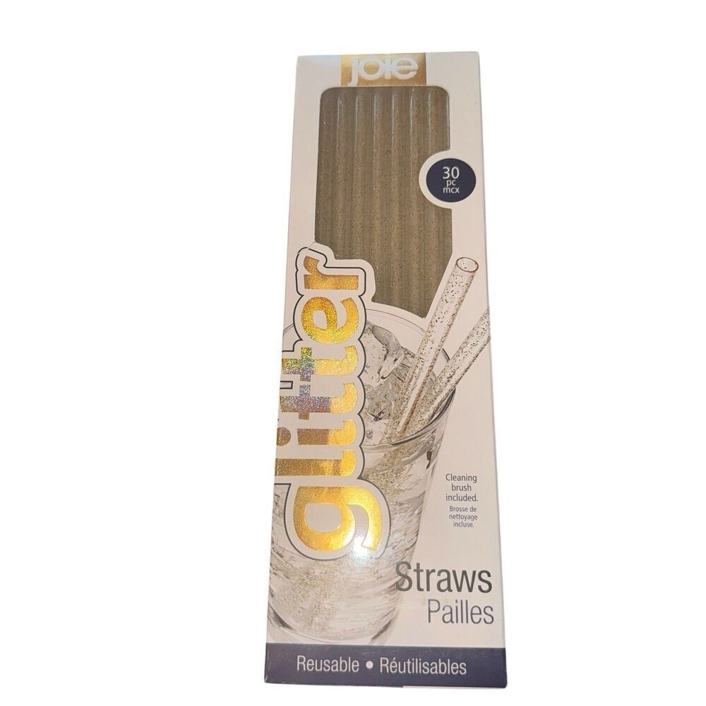 Joie Gold Glitter Straws, 30 Pc, Reusable & Eco-Friendly With Cleaning Brush